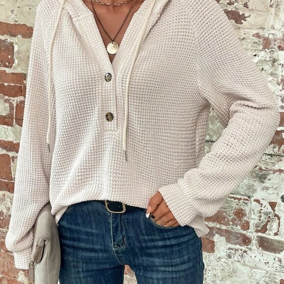 Apricot Casual Womens Half Button Raglan Sleeve Drawstring Hoodie - Picture 3 of 5